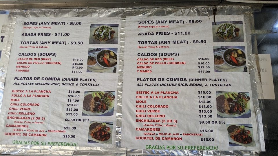 Casual menu with breakfast, lunch, and dinner choices.